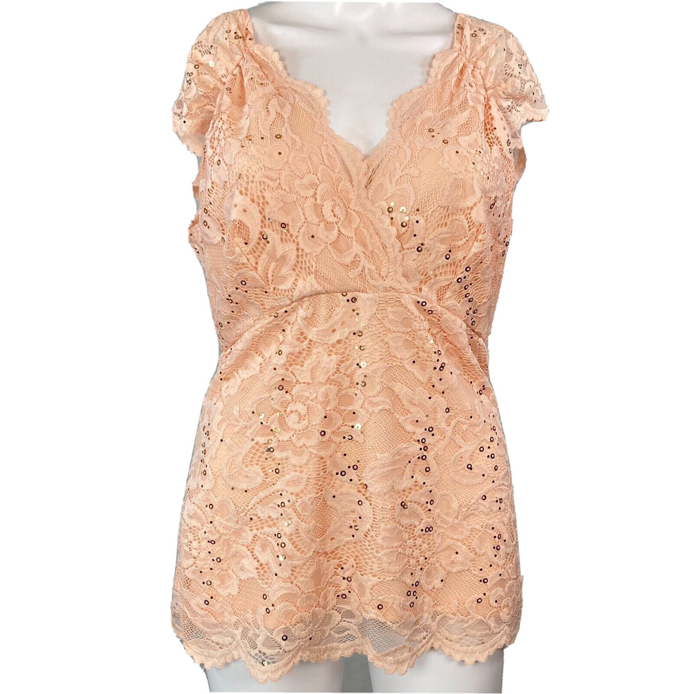 Boston Proper Shirt Women Sz M Pink Sparkle Wrap Top Scalloped Lace Overlay‎